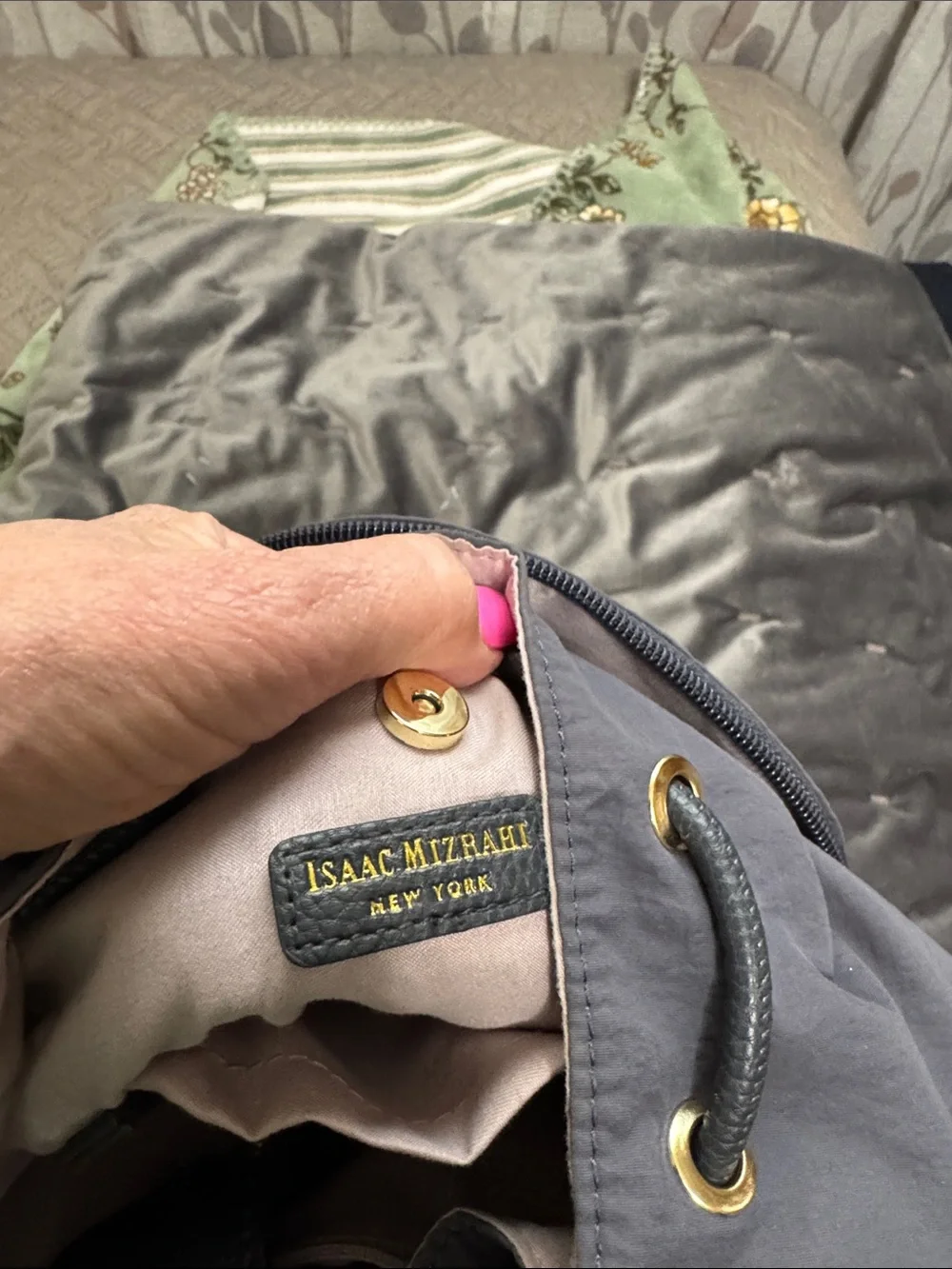 Isaac Mizrahi Dark Navy Drawstring Hobo with Gold Hardware
